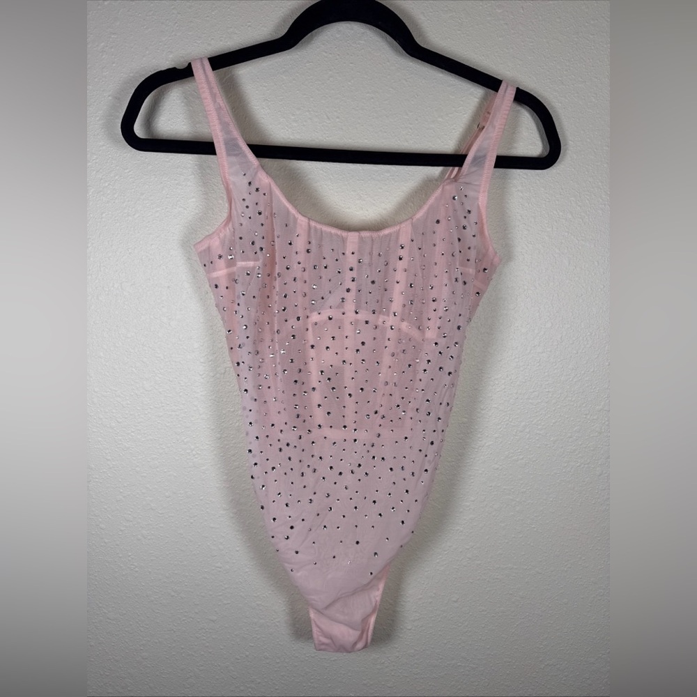 Victoria Secret Back Closure Teddy Rhinestone Pink Lingerie Bodysuit Pink L NWT